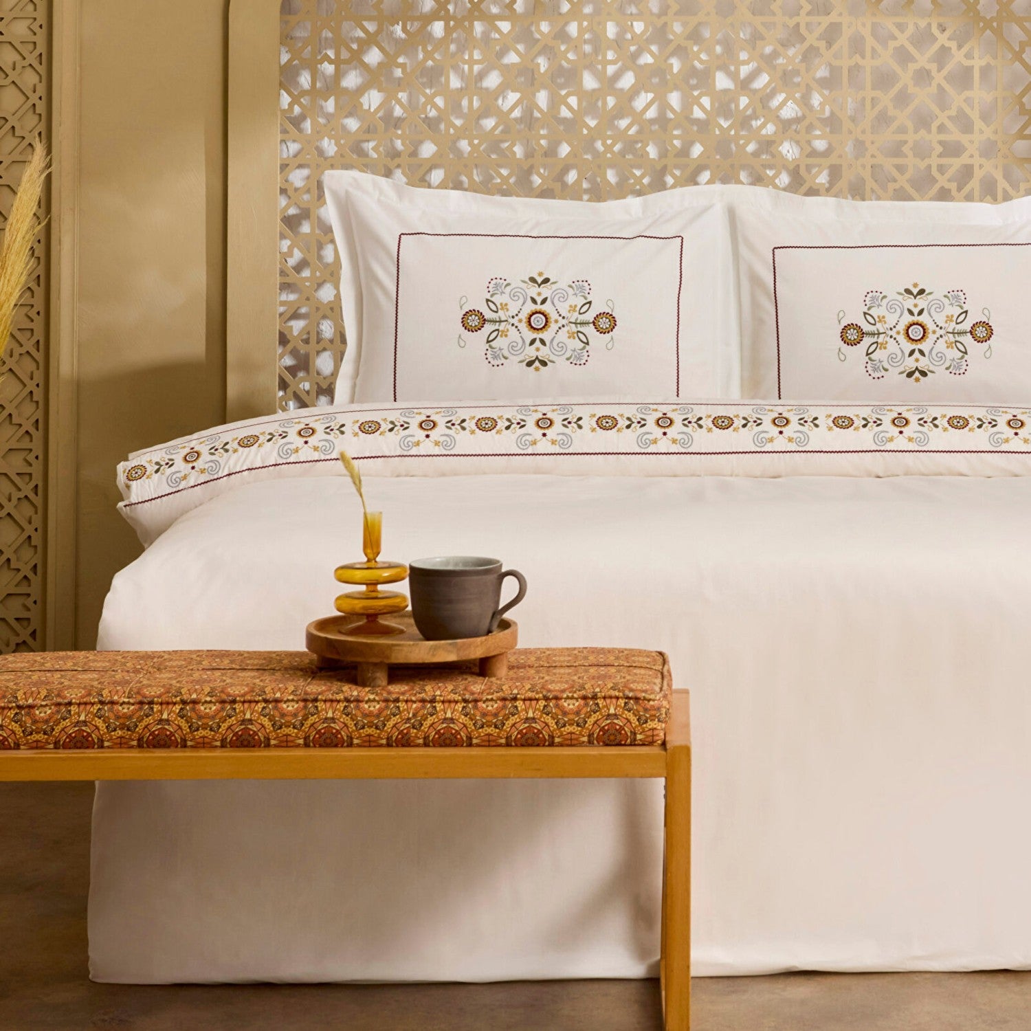 Karaca Home Beluna %100 Cotton Double Embroidered Duvet Cover Set White - MALLTURK