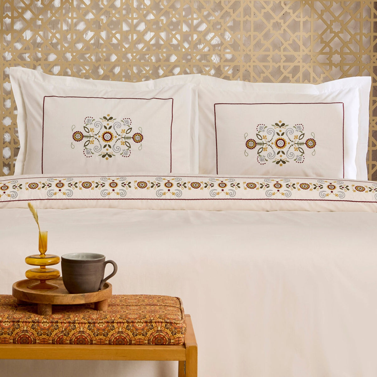 Karaca Home Beluna %100 Cotton Double Embroidered Duvet Cover Set White - MALLTURK
