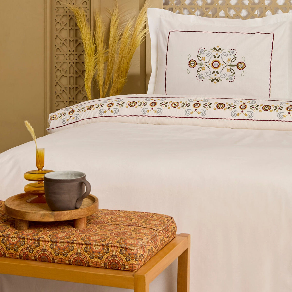 Karaca Home Beluna %100 Cotton Double Embroidered Duvet Cover Set White - MALLTURK
