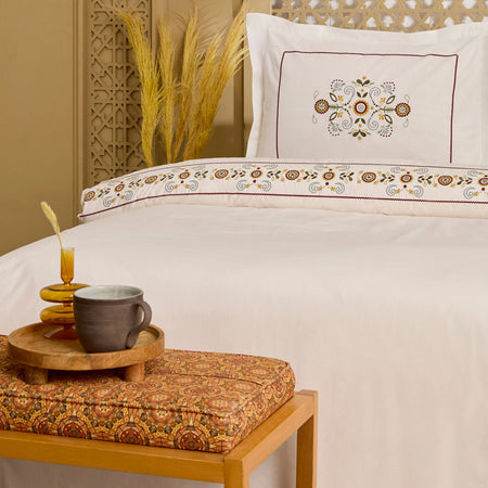 Karaca Home Beluna %100 Cotton Double Embroidered Duvet Cover Set White - MALLTURK