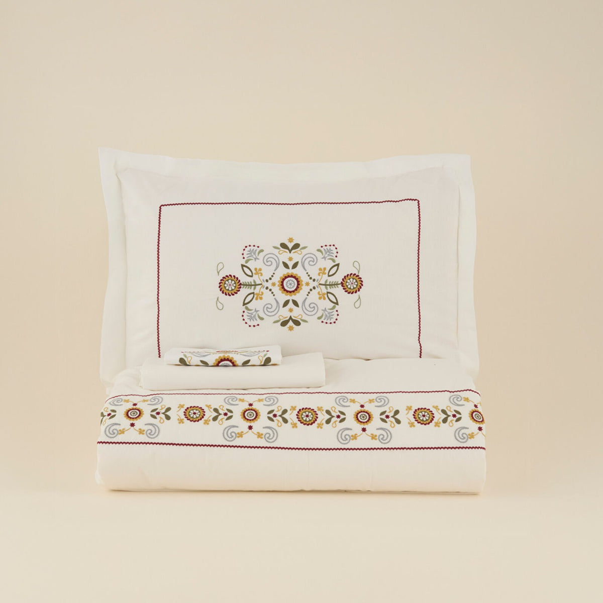 Karaca Home Beluna %100 Cotton Double Embroidered Duvet Cover Set White - MALLTURK