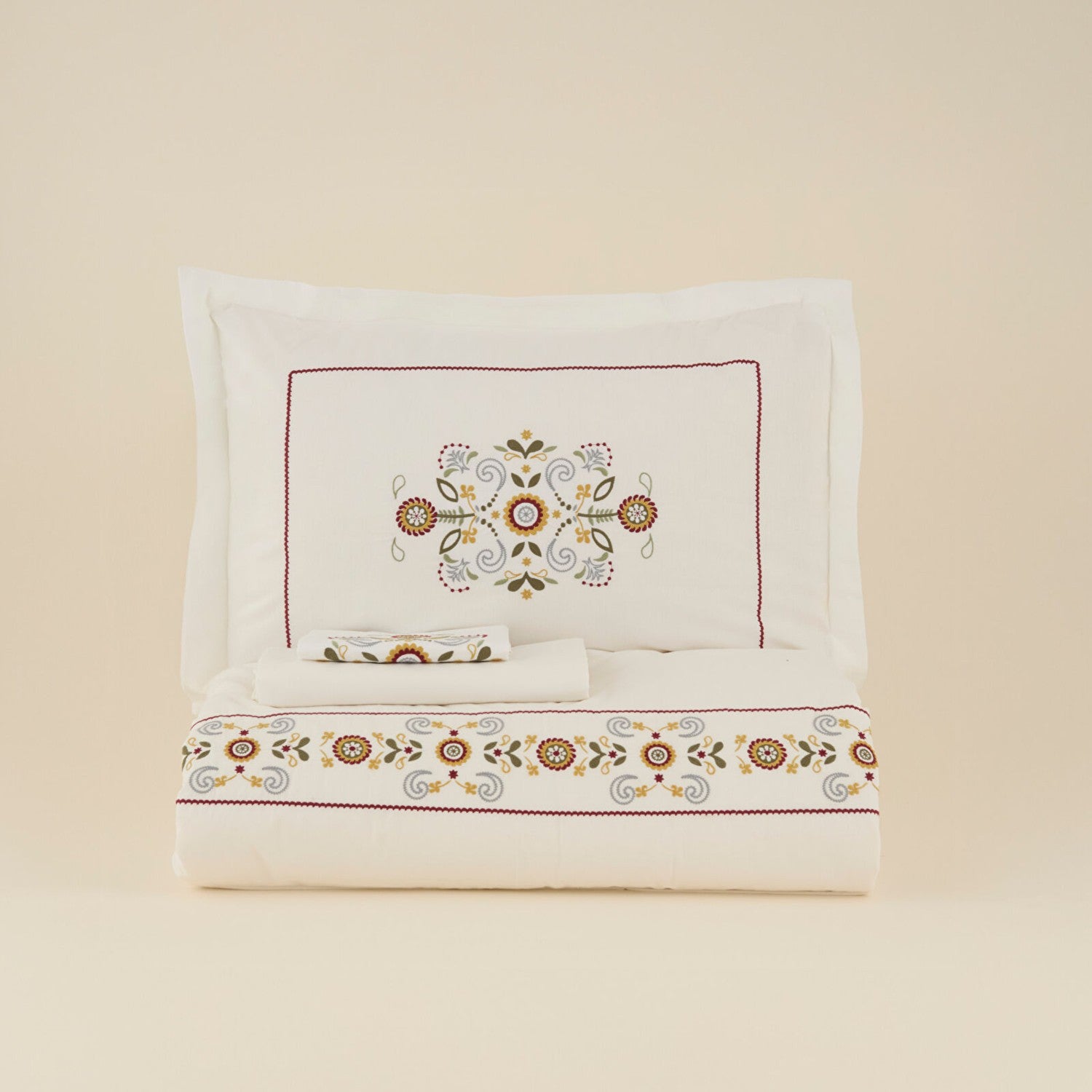 Karaca Home Beluna %100 Cotton Double Embroidered Duvet Cover Set White - MALLTURK