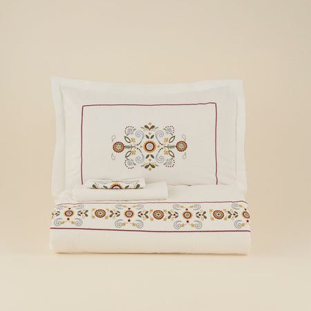 Karaca Home Beluna %100 Cotton Double Embroidered Duvet Cover Set White - MALLTURK