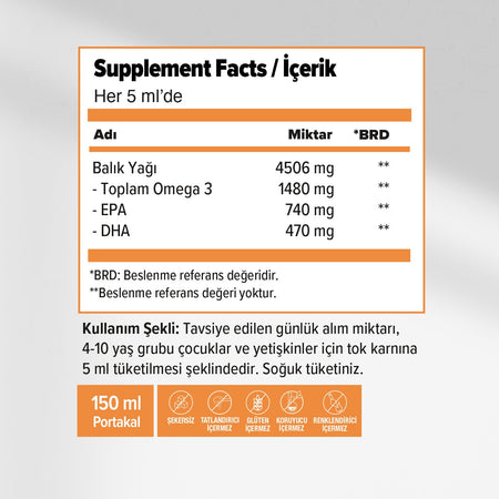 Orzax Ocean Fish Oil Orange Flavor Syrup 150 ml - MALLTURK