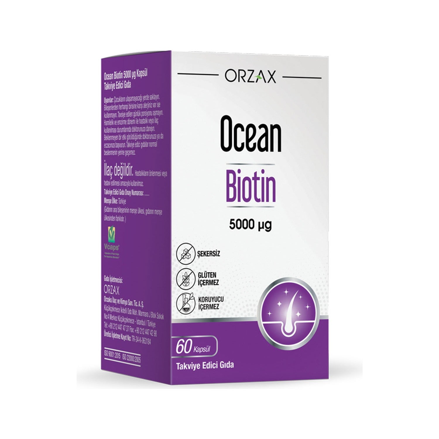 Orzax Ocean Biotin 60 Capsule 5000 mcg Turkey Origin Seker and Gluten Icermeyen Vitamin Supplement - MALLTURK