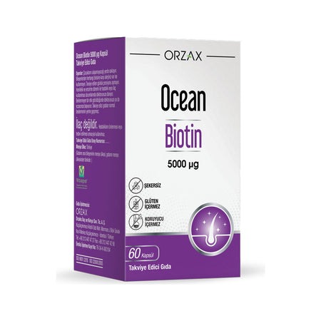 Orzax Ocean Biotin 60 Capsule 5000 mcg Turkey Origin Seker and Gluten Icermeyen Vitamin Supplement - MALLTURK