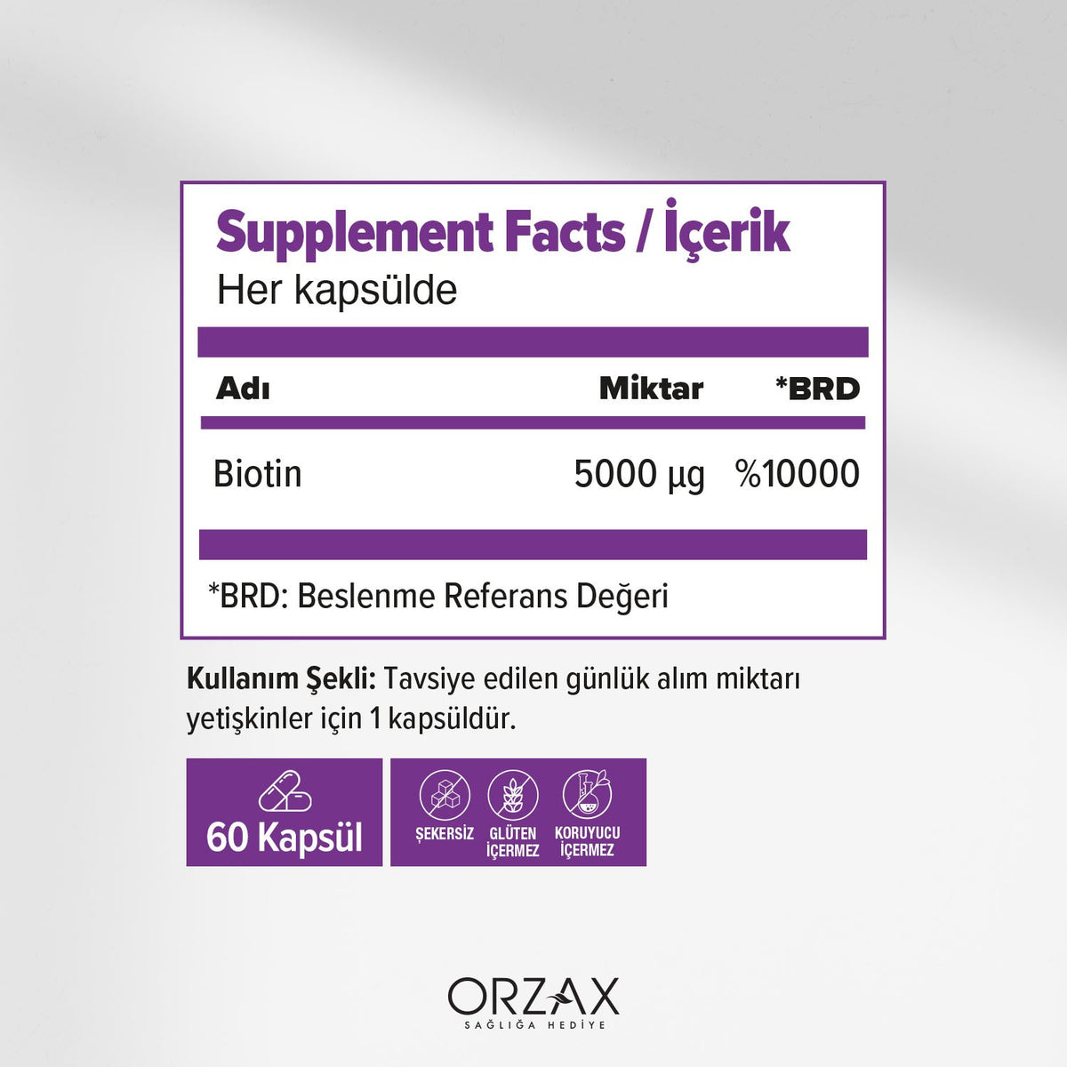Orzax Ocean Biotin 60 Capsule 5000 mcg Turkey Origin Seker and Gluten Icermeyen Vitamin Supplement - MALLTURK