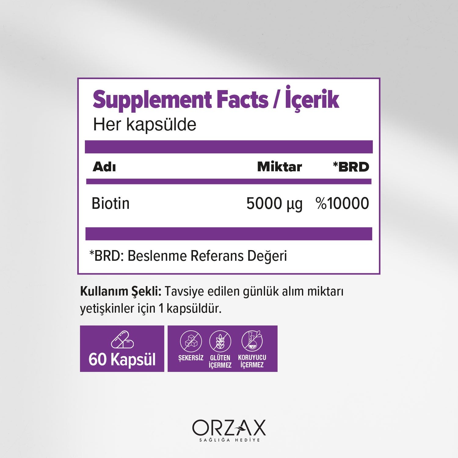 Orzax Ocean Biotin 60 Capsule 5000 mcg Turkey Origin Seker and Gluten Icermeyen Vitamin Supplement - MALLTURK