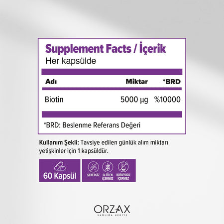 Orzax Ocean Biotin 60 Capsule 5000 mcg Turkey Origin Seker and Gluten Icermeyen Vitamin Supplement - MALLTURK
