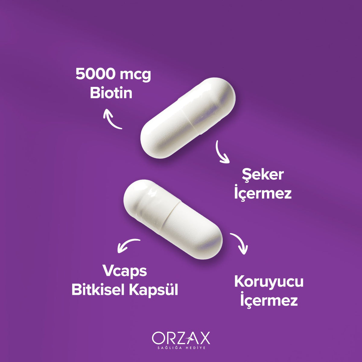 Orzax Ocean Biotin 60 Capsule 5000 mcg Turkey Origin Seker and Gluten Icermeyen Vitamin Supplement - MALLTURK