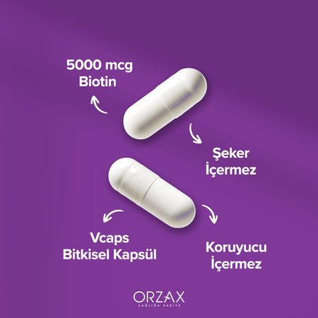 Orzax Ocean Biotin 60 Capsule 5000 mcg Turkey Origin Seker and Gluten Icermeyen Vitamin Supplement - MALLTURK