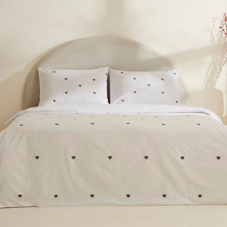 Karaca Home Amour Mio Kalp Patterned %100 Cotton Double Embroidered Duvet Cover Set White - MALLTURK