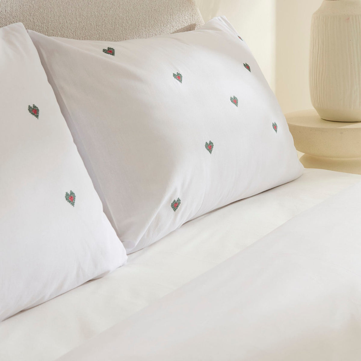Karaca Home Amour Mio Kalp Patterned %100 Cotton Double Embroidered Duvet Cover Set White - MALLTURK