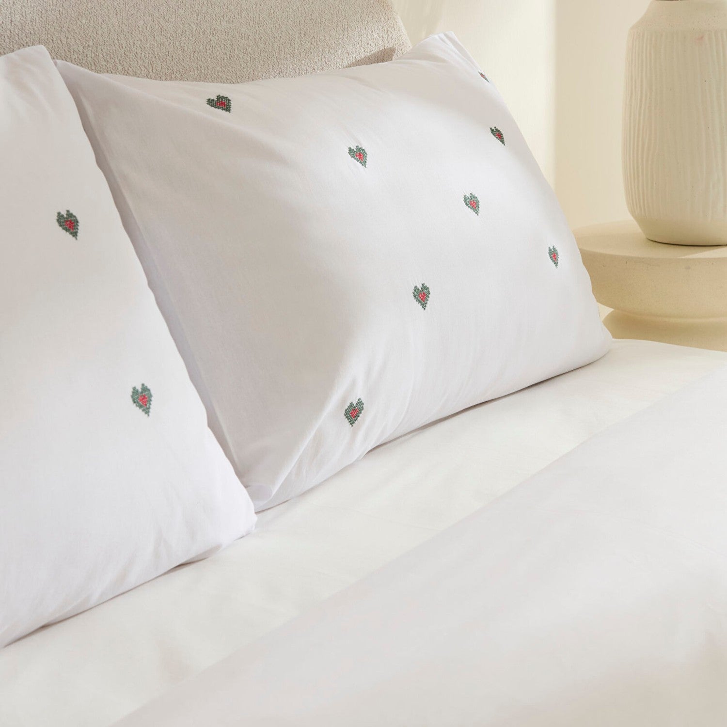 Karaca Home Amour Mio Kalp Patterned %100 Cotton Double Embroidered Duvet Cover Set White - MALLTURK