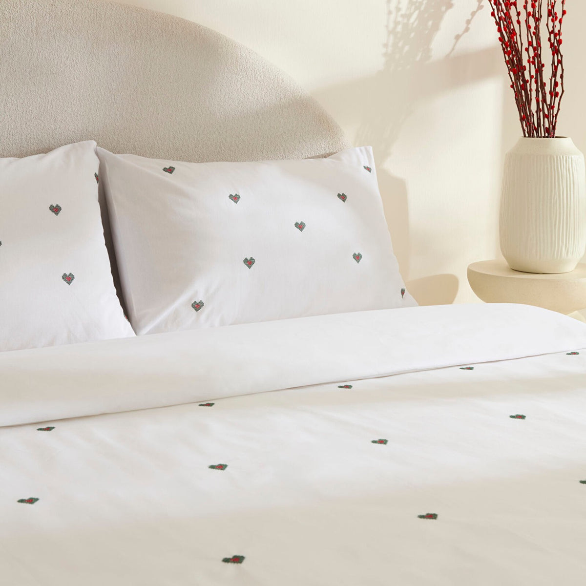 Karaca Home Amour Mio Kalp Patterned %100 Cotton Double Embroidered Duvet Cover Set White - MALLTURK