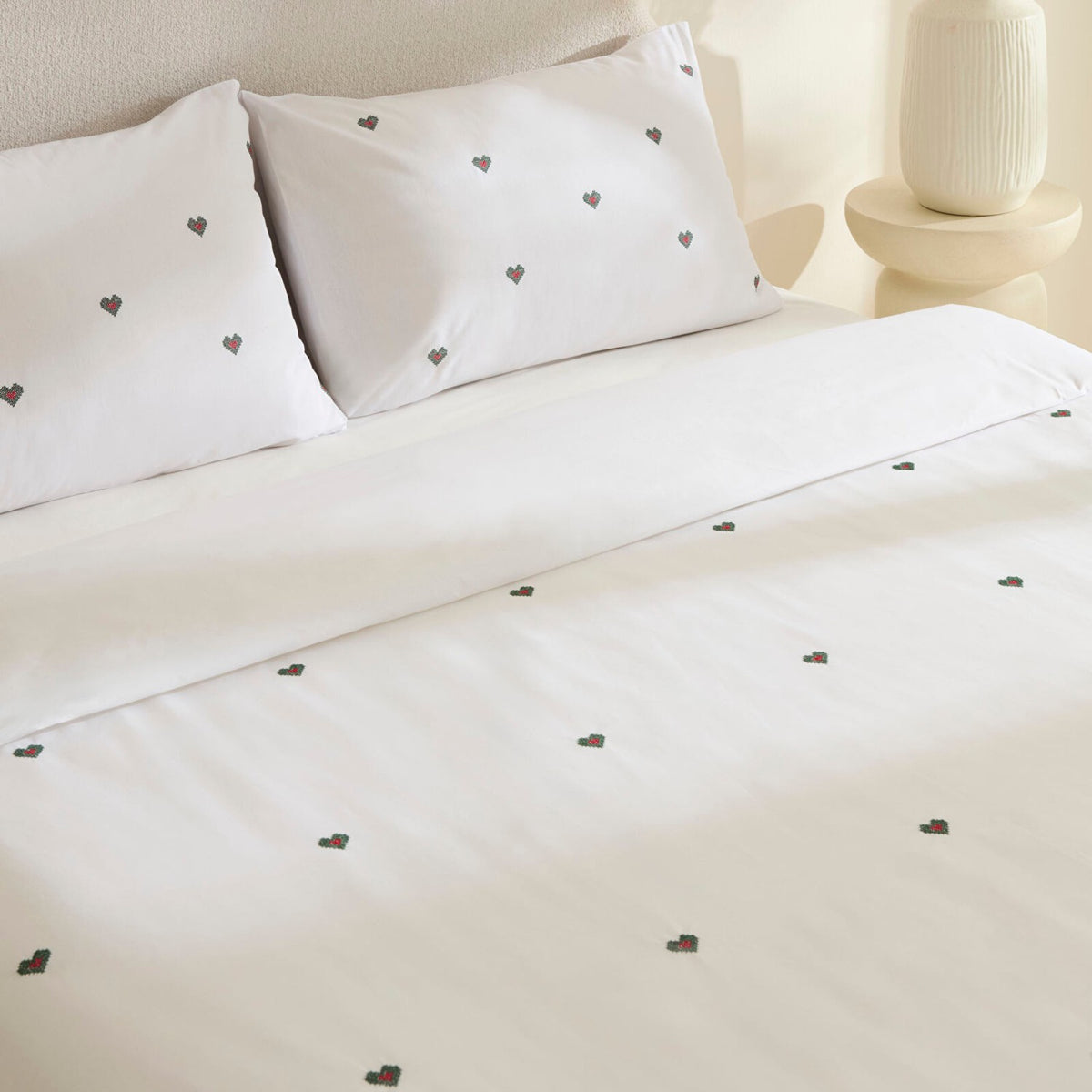 Karaca Home Amour Mio Kalp Patterned %100 Cotton Double Embroidered Duvet Cover Set White - MALLTURK