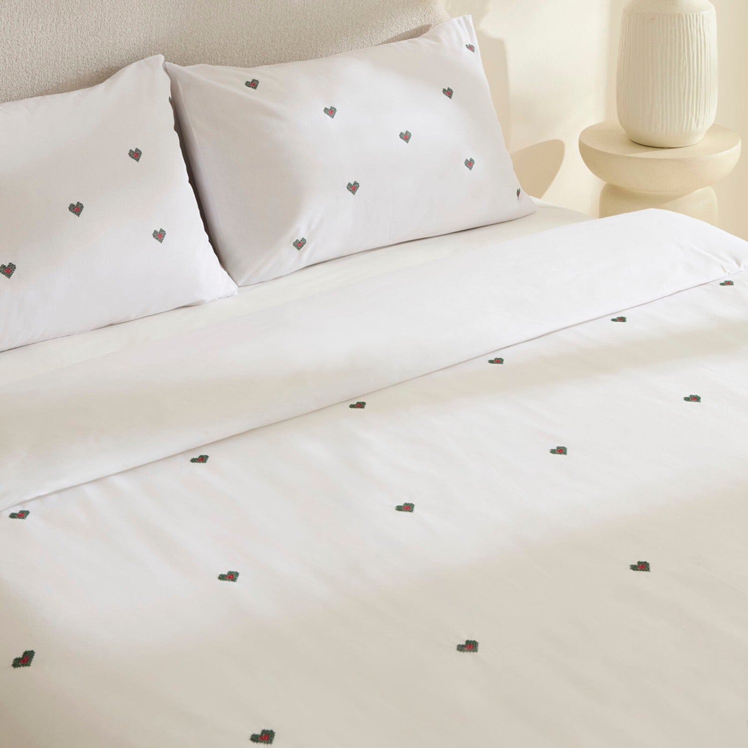 Karaca Home Amour Mio Kalp Patterned %100 Cotton Double Embroidered Duvet Cover Set White - MALLTURK