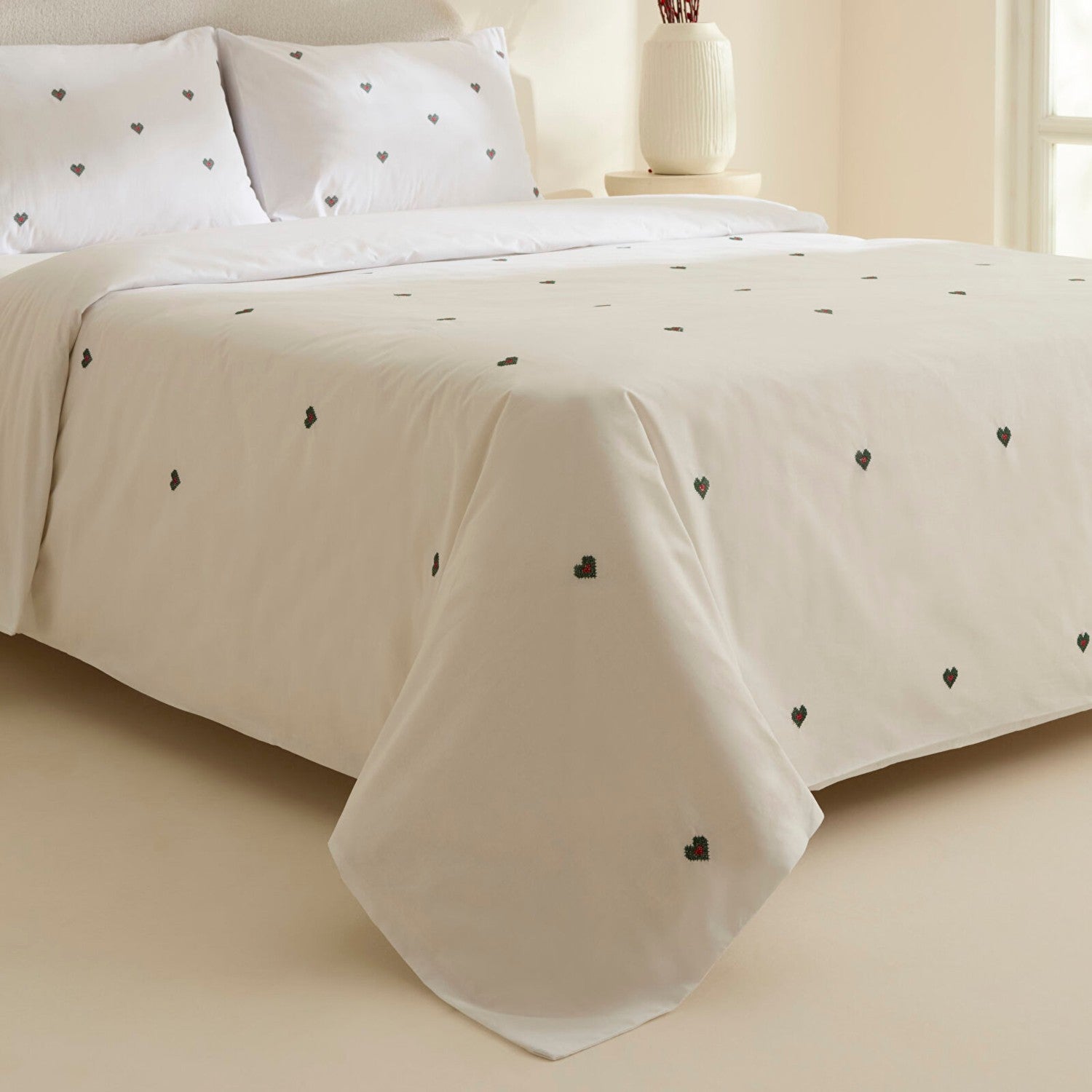 Karaca Home Amour Mio Kalp Patterned %100 Cotton Double Embroidered Duvet Cover Set White - MALLTURK