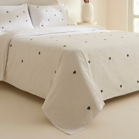 Karaca Home Amour Mio Kalp Patterned %100 Cotton Double Embroidered Duvet Cover Set White - MALLTURK