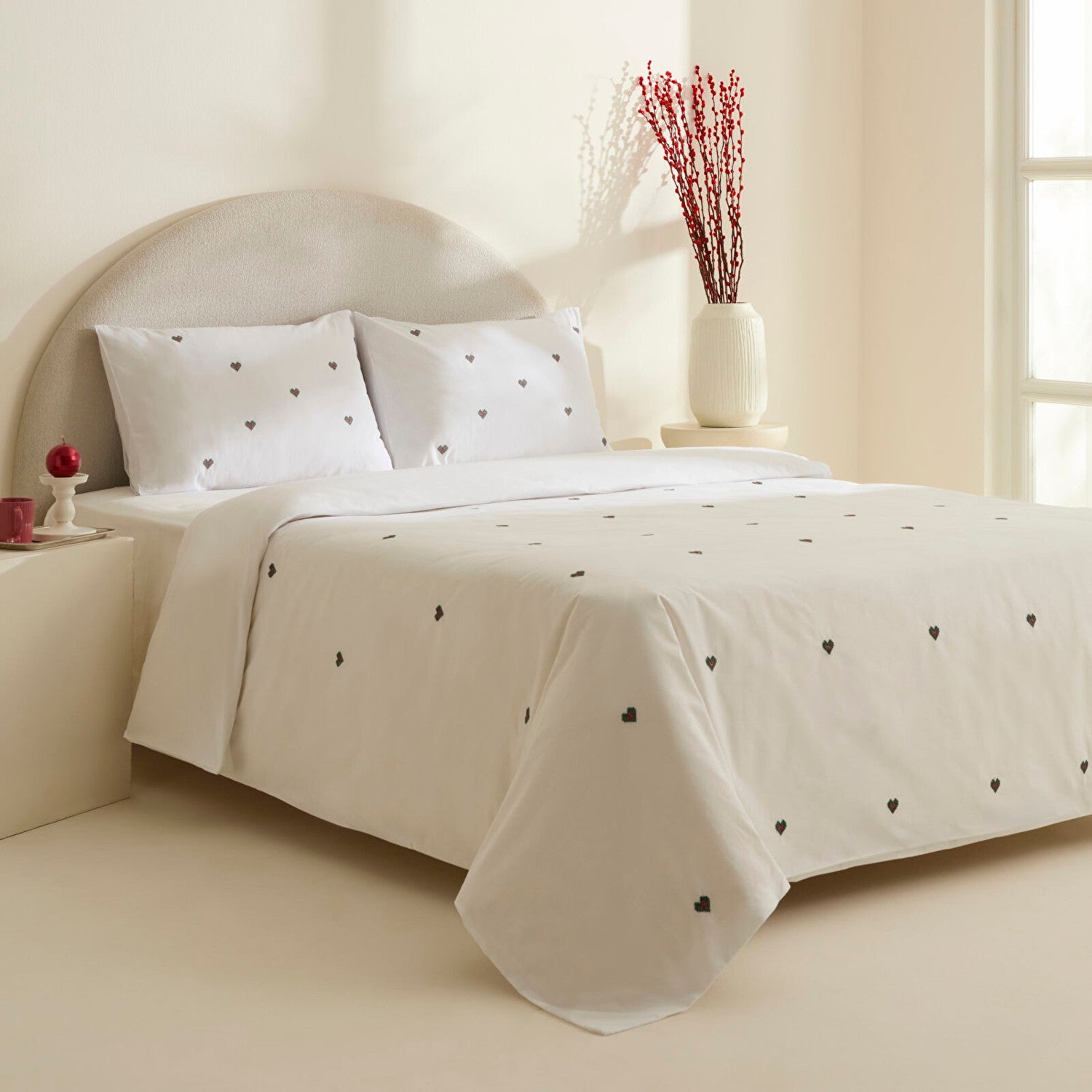 Karaca Home Amour Mio Kalp Patterned %100 Cotton Double Embroidered Duvet Cover Set White - MALLTURK