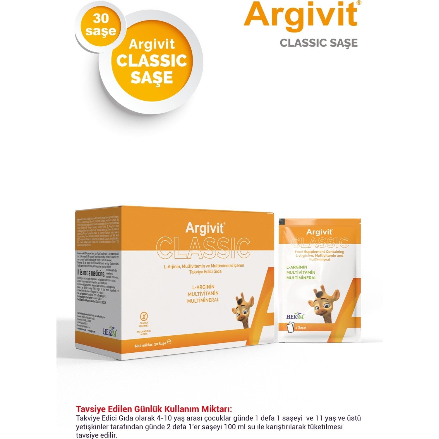 Argivit Classic 30'lu Sachet, L-Arjinin, Multivitamin and Multimineral with Dietary Supplement - MALLTURK