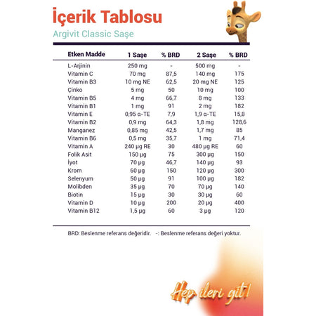 Argivit Classic 30'lu Sachet, L-Arjinin, Multivitamin and Multimineral with Dietary Supplement - MALLTURK