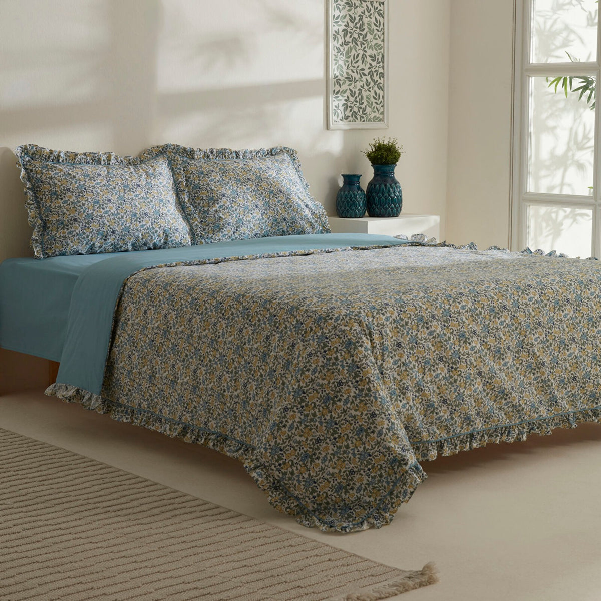 Karaca Home Minay 52 Thread Count %100 Cotton Double Duvet Cover Set Blue - MALLTURK