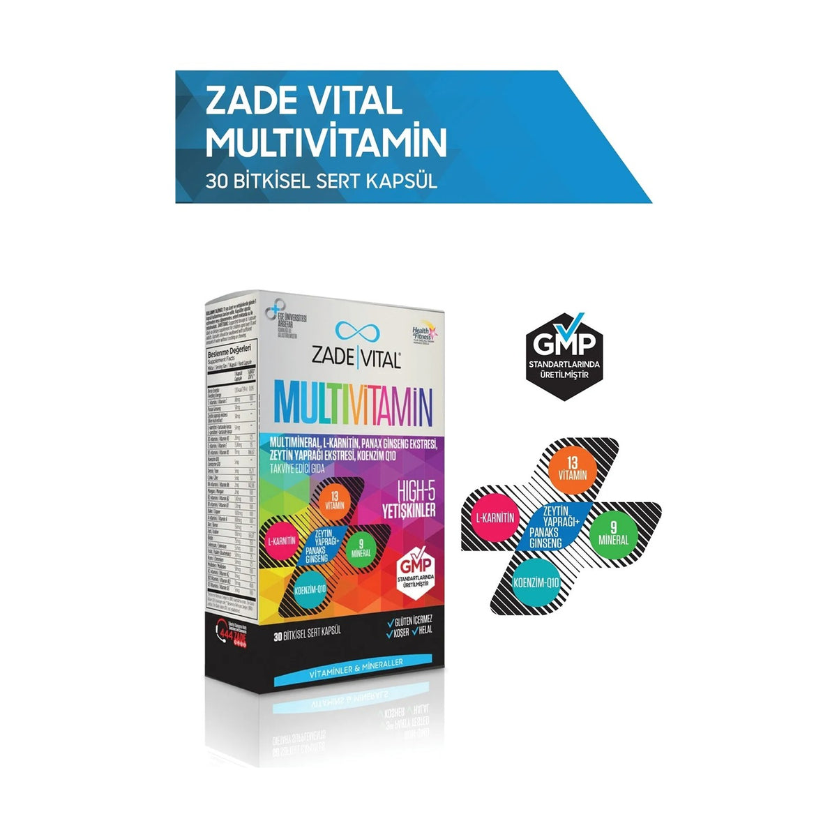 Zade Vital 30 Bitkisel Capsule Multivitamin Dietary Supplement Iceriginde L-Karnitin and Panax Ginseng - MALLTURK