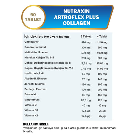 Nutraxin Artroflex Plus Collagen Type 1 2 3 5 10 90 Tbl Magnesium Bromelain Yumurta Kabugu Glukozamin Msm - MALLTURK