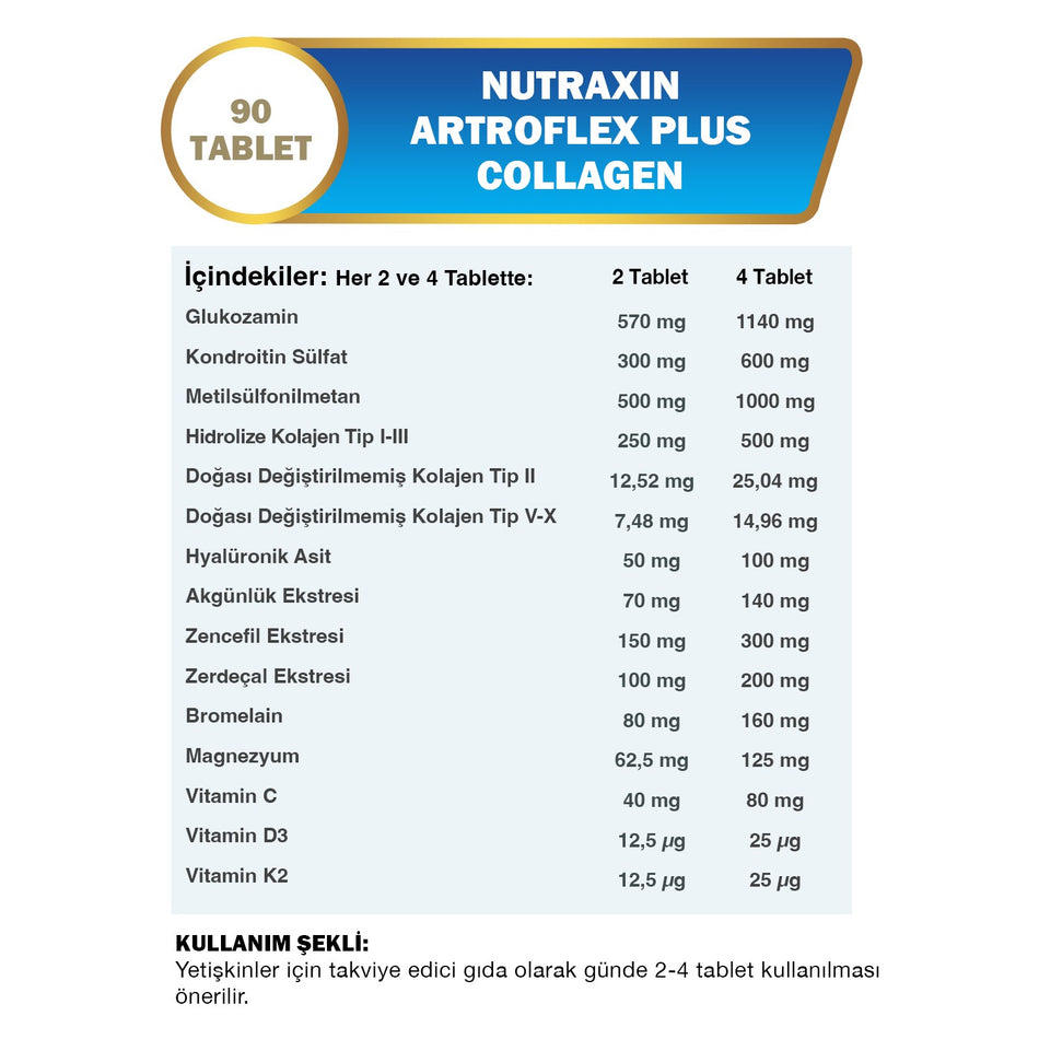 Nutraxin Artroflex Plus Collagen Type 1 2 3 5 10 90 Tbl Magnesium Bromelain Yumurta Kabugu Glukozamin Msm - MALLTURK