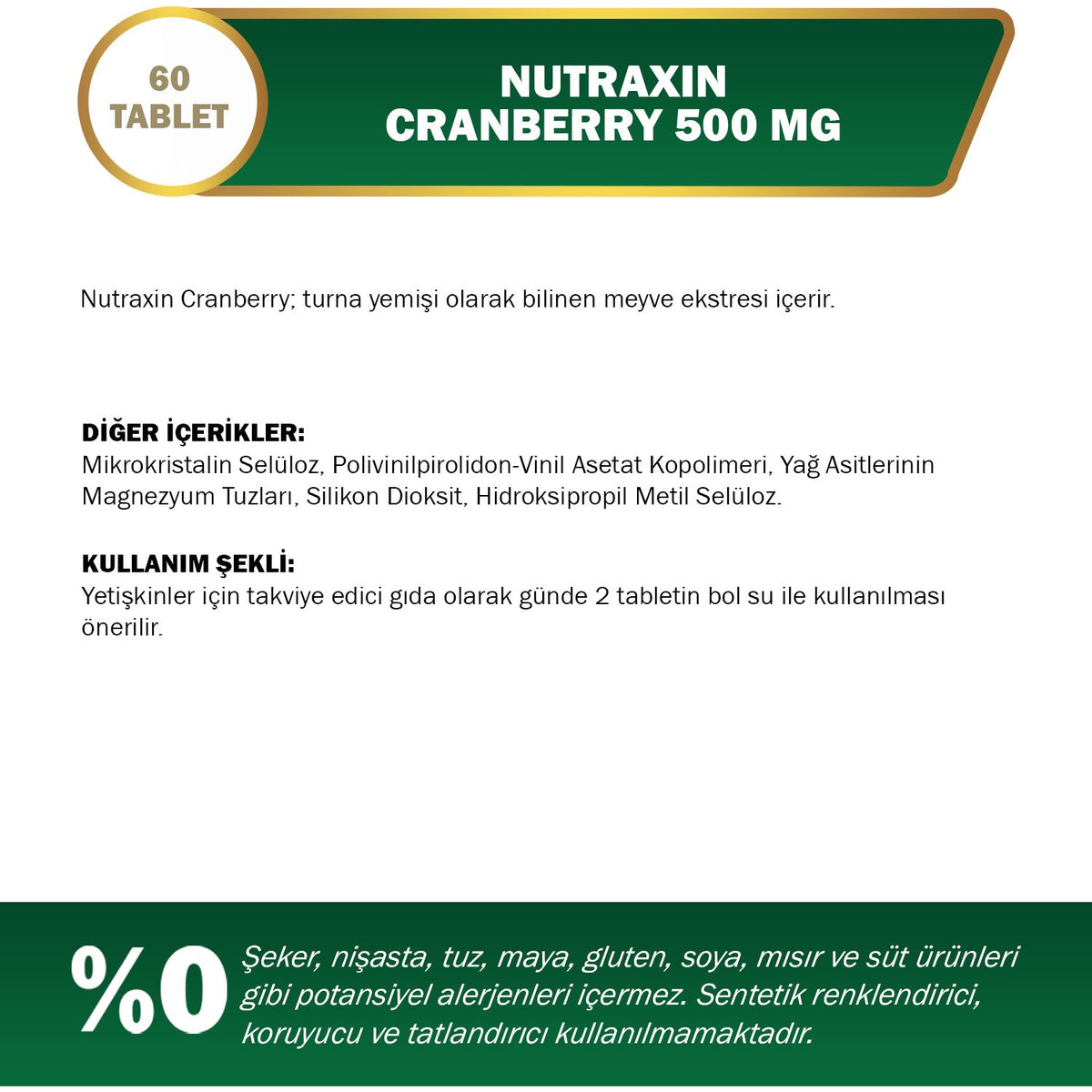 Nutraxin Cranberry 500 mg 60 Tablet | Turna Yemisi Ekstresi | 1000 mg Kizilcik Ekstresi - MALLTURK