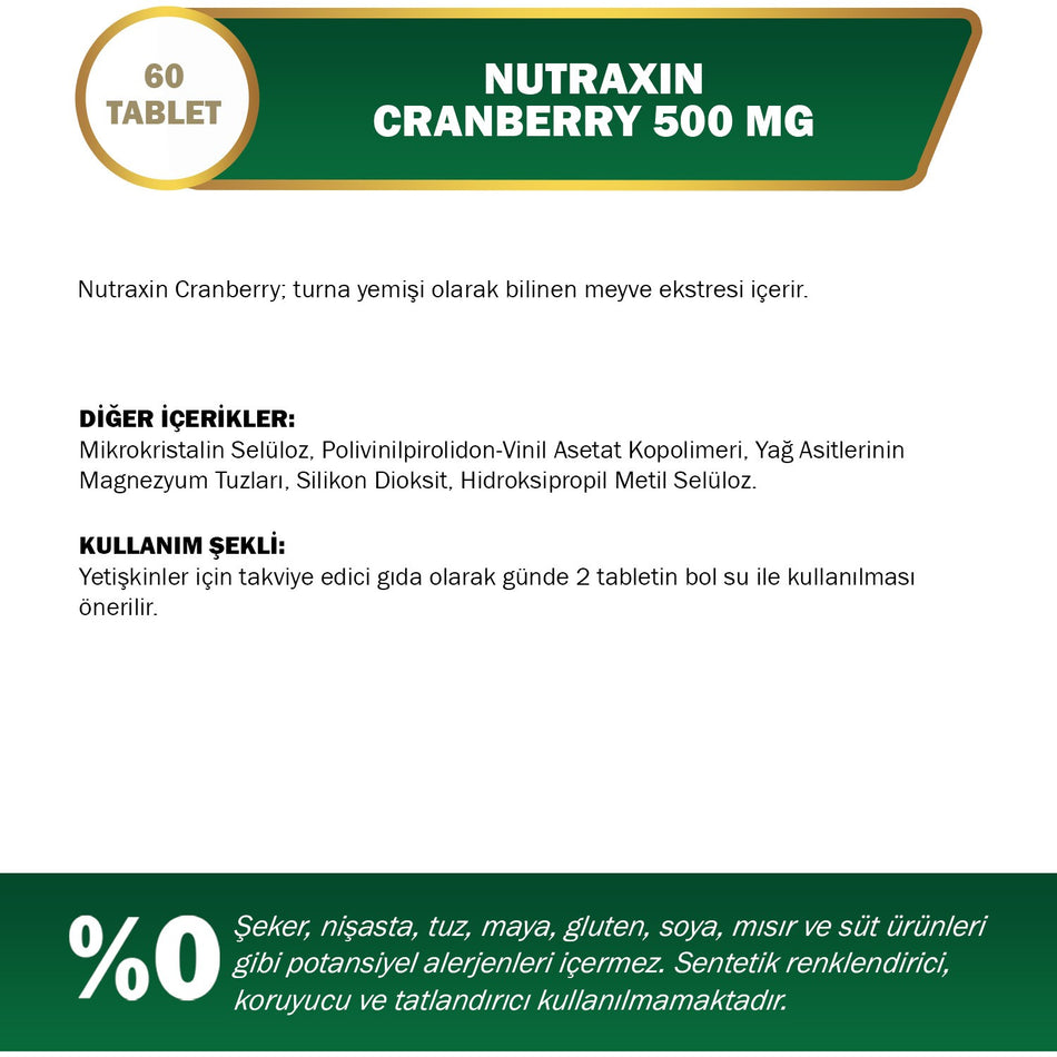 Nutraxin Cranberry 500 mg 60 Tablet | Turna Yemisi Ekstresi | 1000 mg Kizilcik Ekstresi - MALLTURK