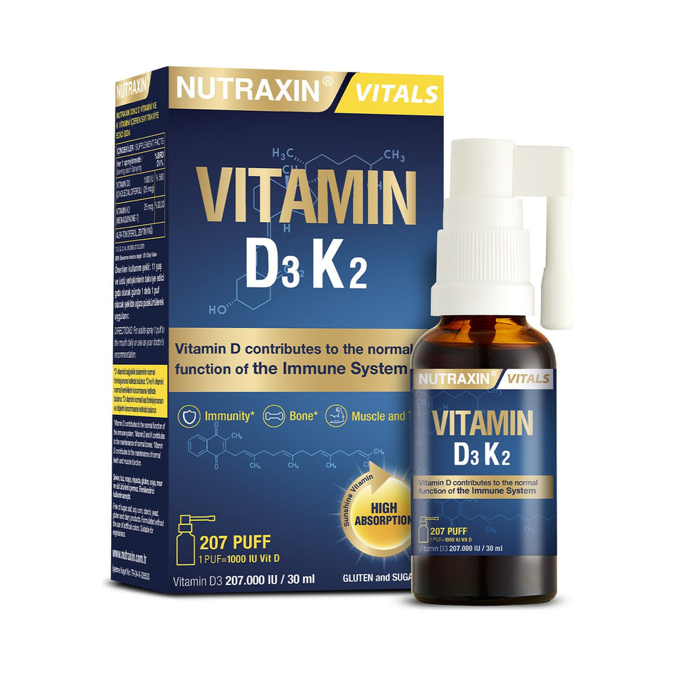 Nutraxin D3 K2 Vitamin Spray 30 ml For Adults Unflavored Liquid Supplement - MALLTURK