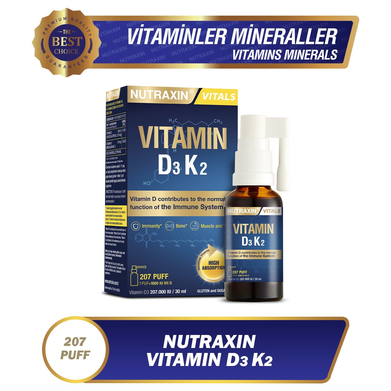 Nutraxin D3 K2 Vitamin Spray 30 ml For Adults Unflavored Liquid Supplement - MALLTURK