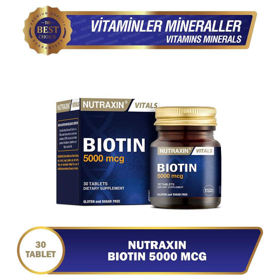 Nutraxin Biotin 5000 mcg 30 Tablet | Yuksek Potens B7 Vitamin - MALLTURK