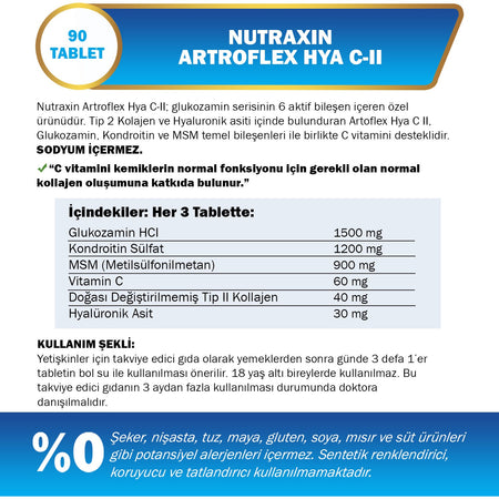 Nutraxin Artroflex HYA-C-II 90 TabletTip II Collagen, Glukozamin, MSM, Hyaluronik Asit - MALLTURK
