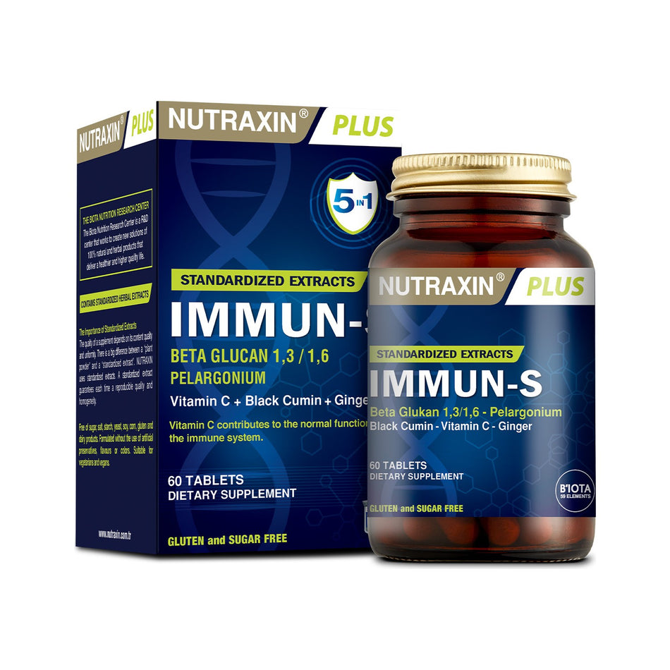 Nutraxin Immun-S 60 Tablet | Beta-Glukan + Afrika Sardunyasi + Corek Otu + Zencefil + C Vitamin - MALLTURK