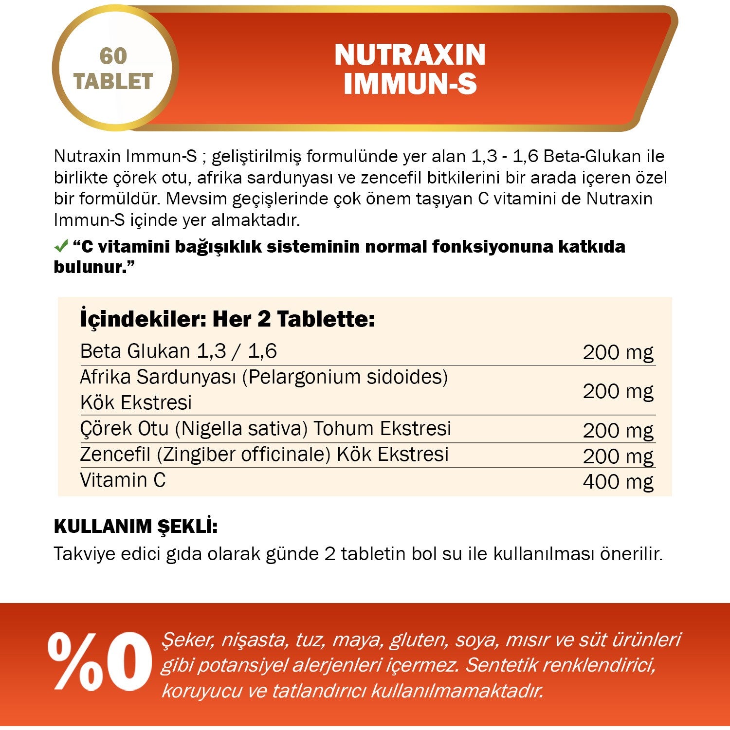 Nutraxin Immun-S 60 Tablet | Beta-Glukan + Afrika Sardunyasi + Corek Otu + Zencefil + C Vitamin - MALLTURK