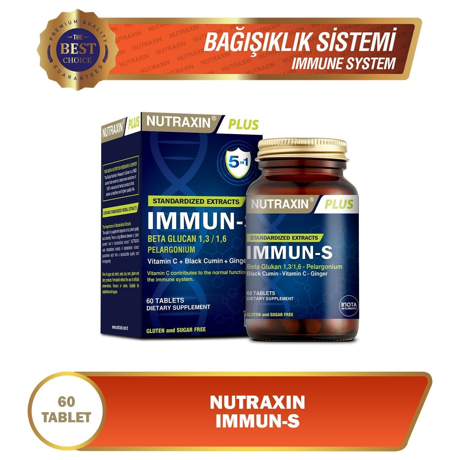 Nutraxin Immun-S 60 Tablet | Beta-Glukan + Afrika Sardunyasi + Corek Otu + Zencefil + C Vitamin - MALLTURK
