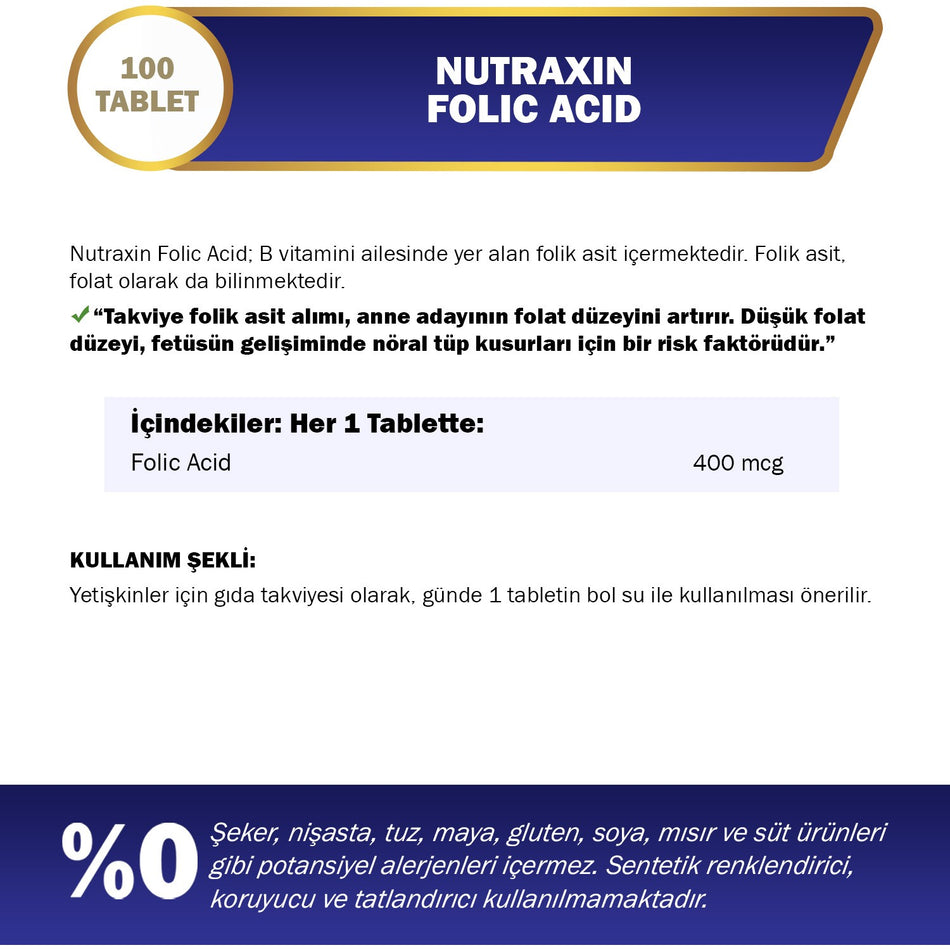 Nutraxin Folic Acid 400 Mcg 100 Tablet | Folik Asit (B9) - MALLTURK
