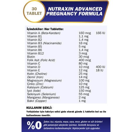 Nutraxin Advanced Pregnancy Formula 30 Tablet Multivitamin and Mineral Icerikli Turkey Origin - MALLTURK