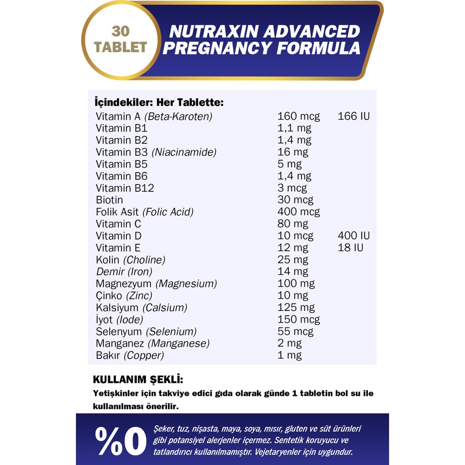 Nutraxin Advanced Pregnancy Formula 30 Tablet Multivitamin and Mineral Icerikli Turkey Origin - MALLTURK