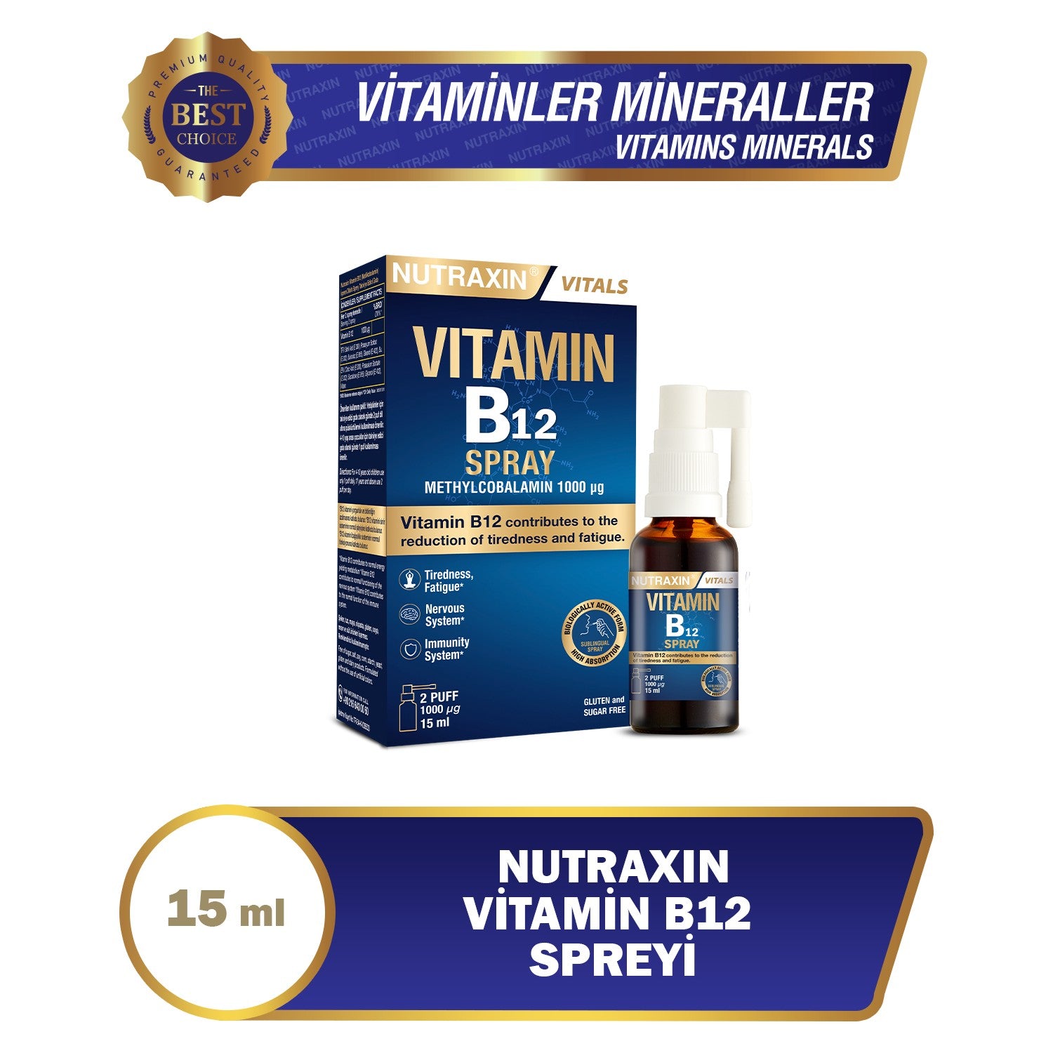 Nutraxin 15 ml Vitamin B12 Spray Unisex Kullanima Uygun Methylcobalamin Icerir - MALLTURK