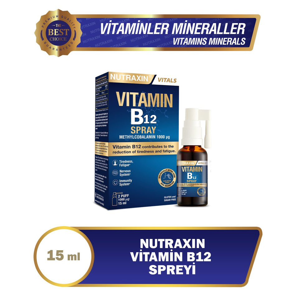 Nutraxin 15 ml Vitamin B12 Spray Unisex Kullanima Uygun Methylcobalamin Icerir - MALLTURK