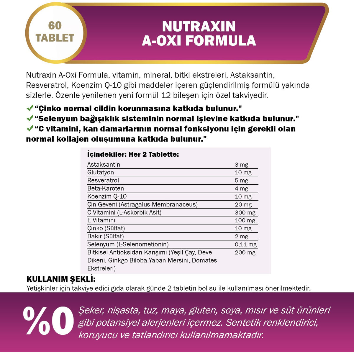 Nutraxin A-Oxi Formula Glutathione Resveratrol 60 Tablet Astaksantin Q-10 Zinc Bakir Selenyum - MALLTURK