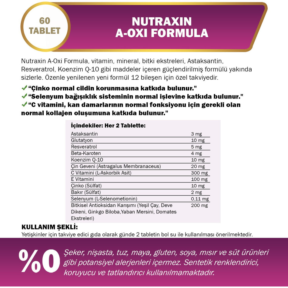 Nutraxin A-Oxi Formula Glutathione Resveratrol 60 Tablet Astaksantin Q-10 Zinc Bakir Selenyum - MALLTURK