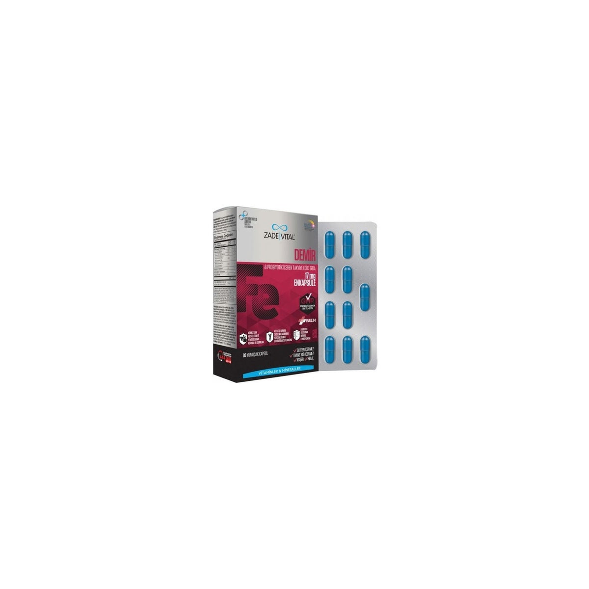 Zade Vital 30 Capsule Iron (Iron) Supplement 17 mg Encapsulated Prebiotic with Energy Support - MALLTURK