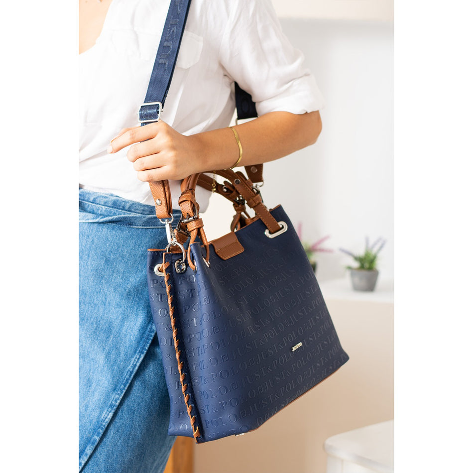 Just Polo Women's Embossed Pattern Magnetic Snap Closure Hand and Shoulder Bag with Shoulder Strap 4031 Navy Blue - MALLTURK