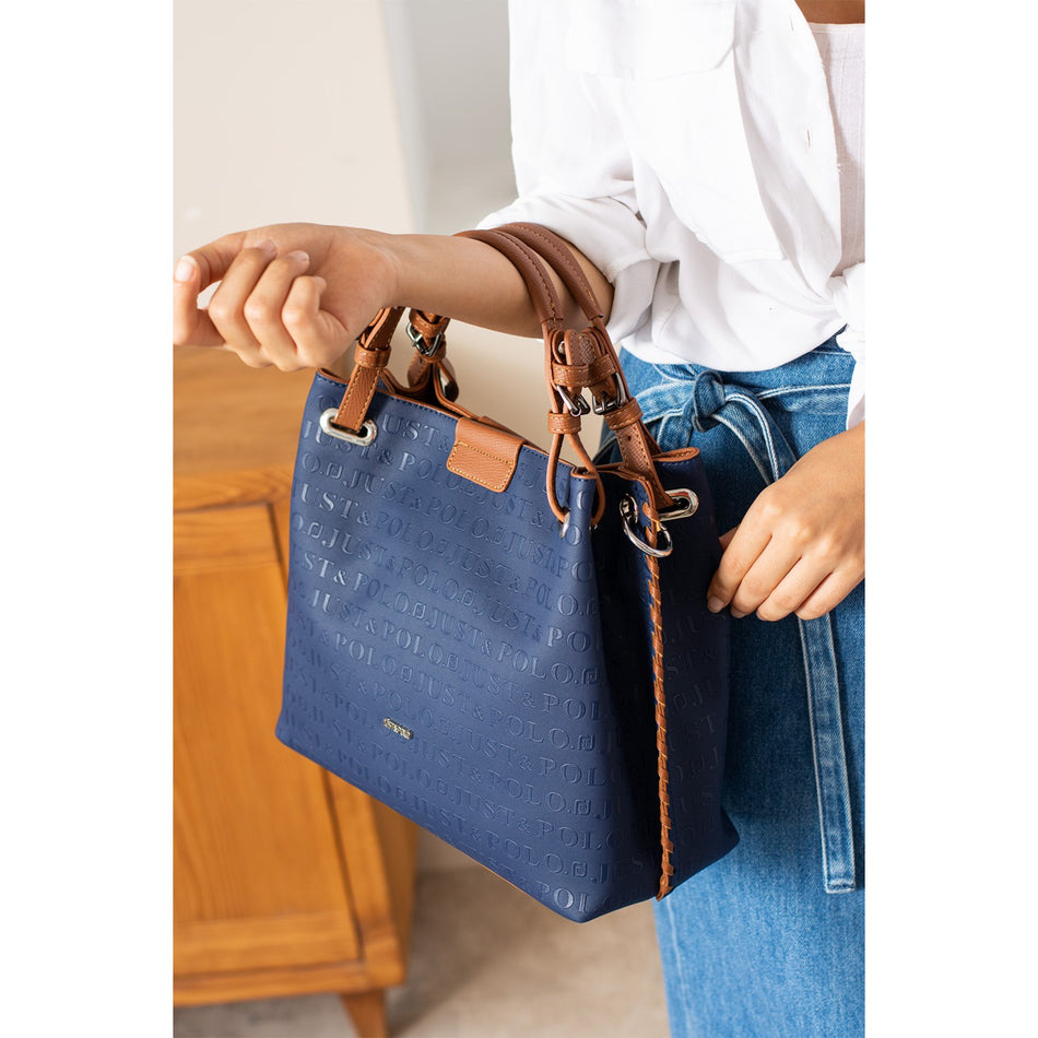 Just Polo Women's Embossed Pattern Magnetic Snap Closure Hand and Shoulder Bag with Shoulder Strap 4031 Navy Blue - MALLTURK