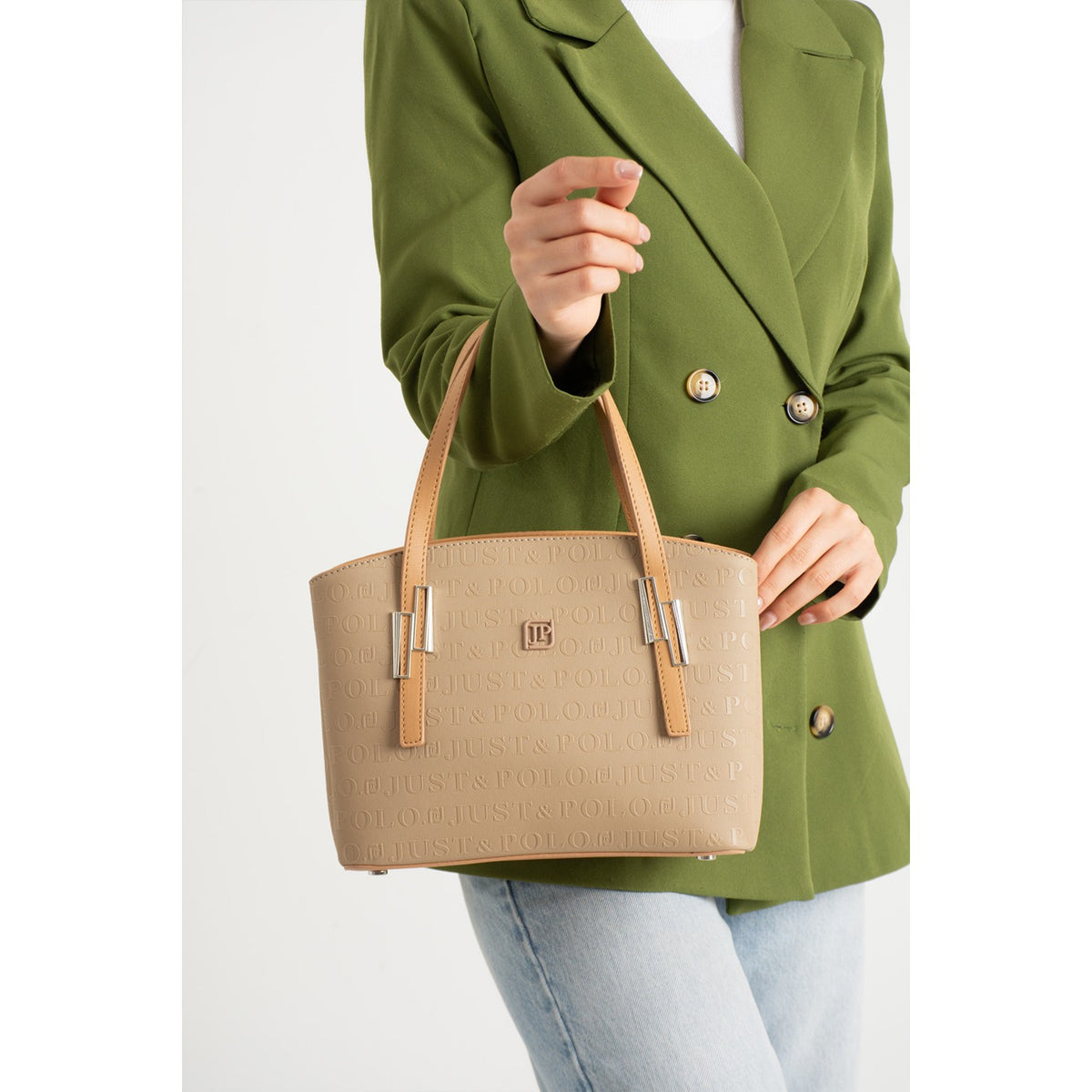 Just Polo Women's Embossed Print Zipper Closure Shoulder and Handbag with Long Adjustable Shoulder Strap Sand - MALLTURK